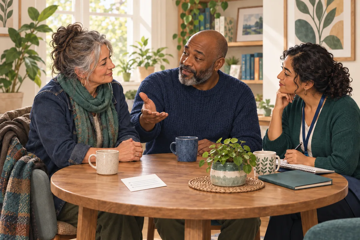 An adult gestures during a conversation with an older woman and a care coordinator at a small table.