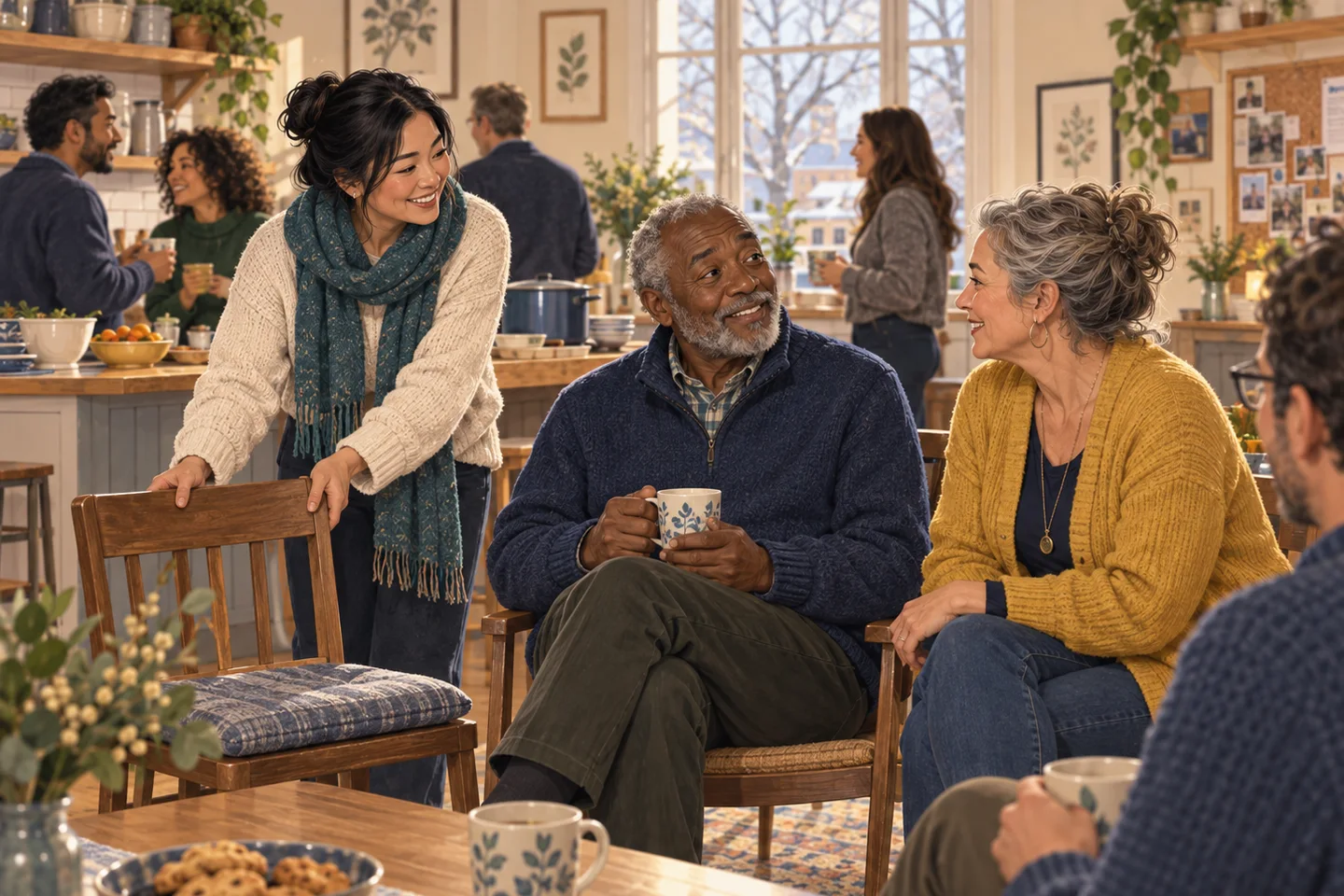 Illustration of neighbors talking at a community gathering while a woman moves a spare chair into their conversation circle.