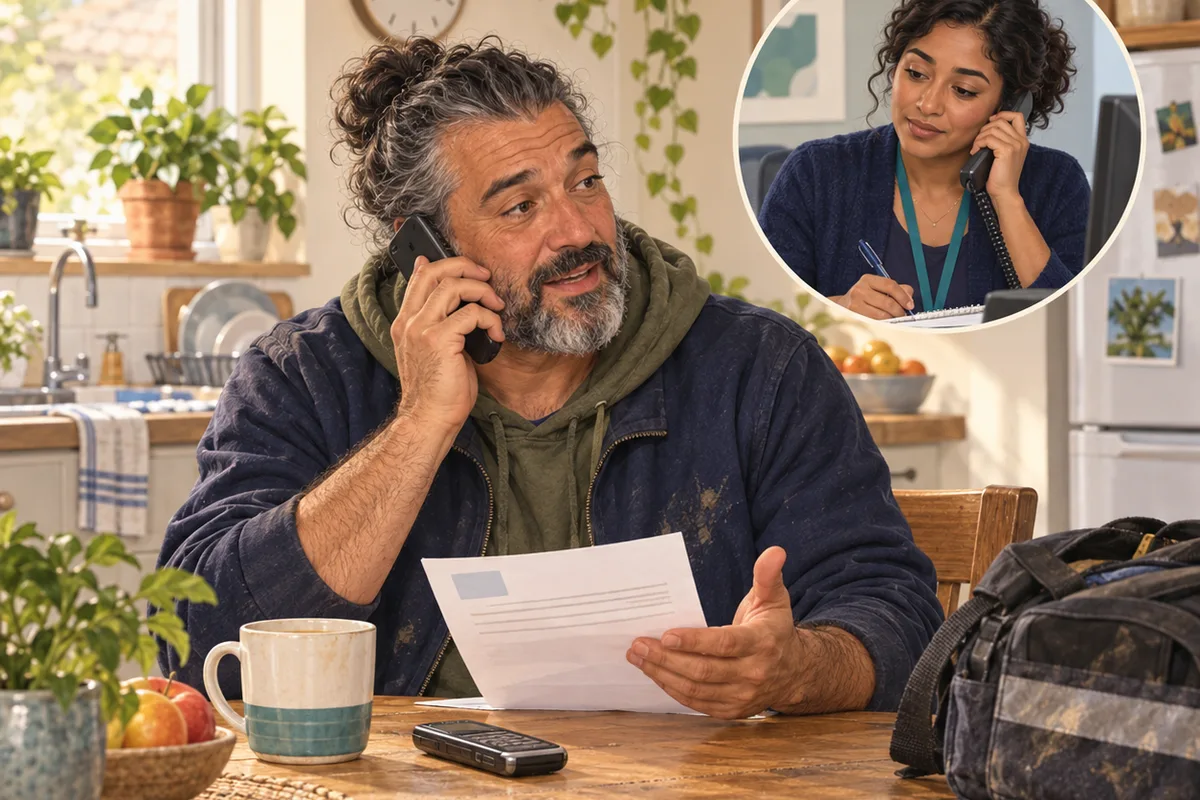 An adult talks on the phone beside an appointment card and work bag; an inset shows a clinic staff member on the call.
