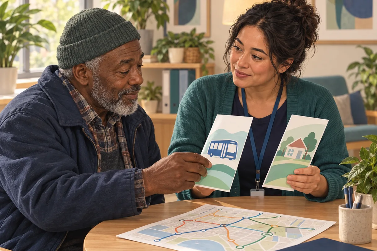 An adult points to a bus illustration on a leaflet while a community navigator holds it alongside a second leaflet.