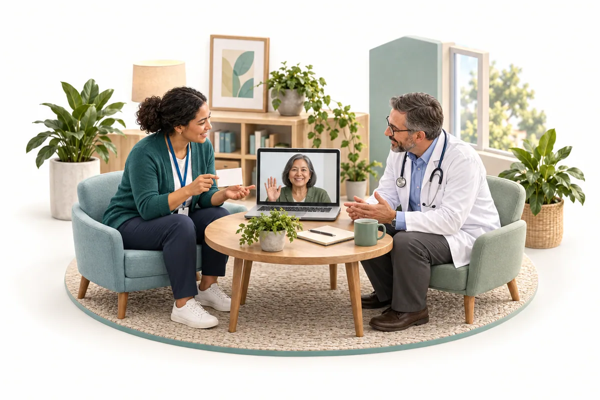 Two adults sit around a laptop displaying another person’s face, with one wearing a white coat and stethoscope.