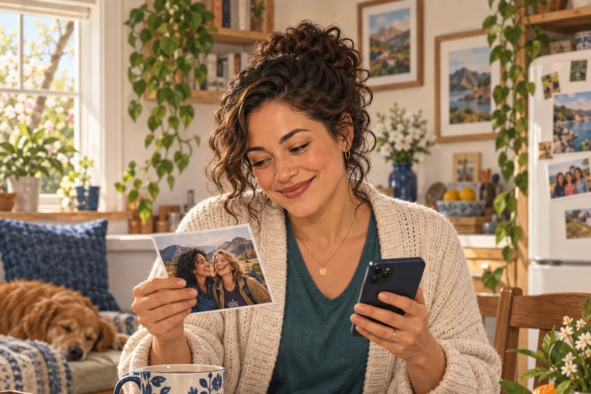Illustration of a woman looking at an old photograph while holding her phone at home.