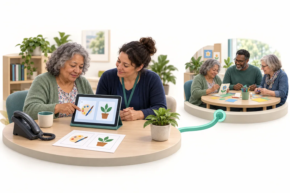 A woman chooses an activity on a tablet with a staff member beside her. A printed activity sheet and desk phone sit nearby; a smaller scene shows her making art with two other adults.