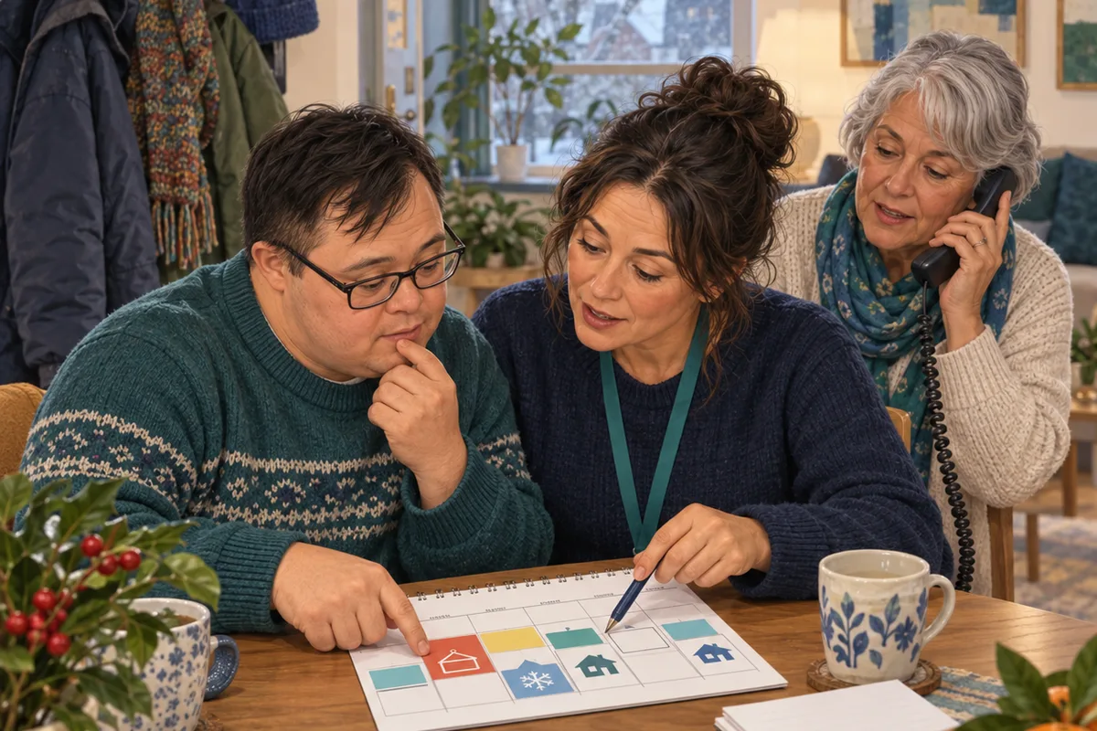 A coordinator and an adult review a paper calendar while a third adult beside them speaks on a telephone.