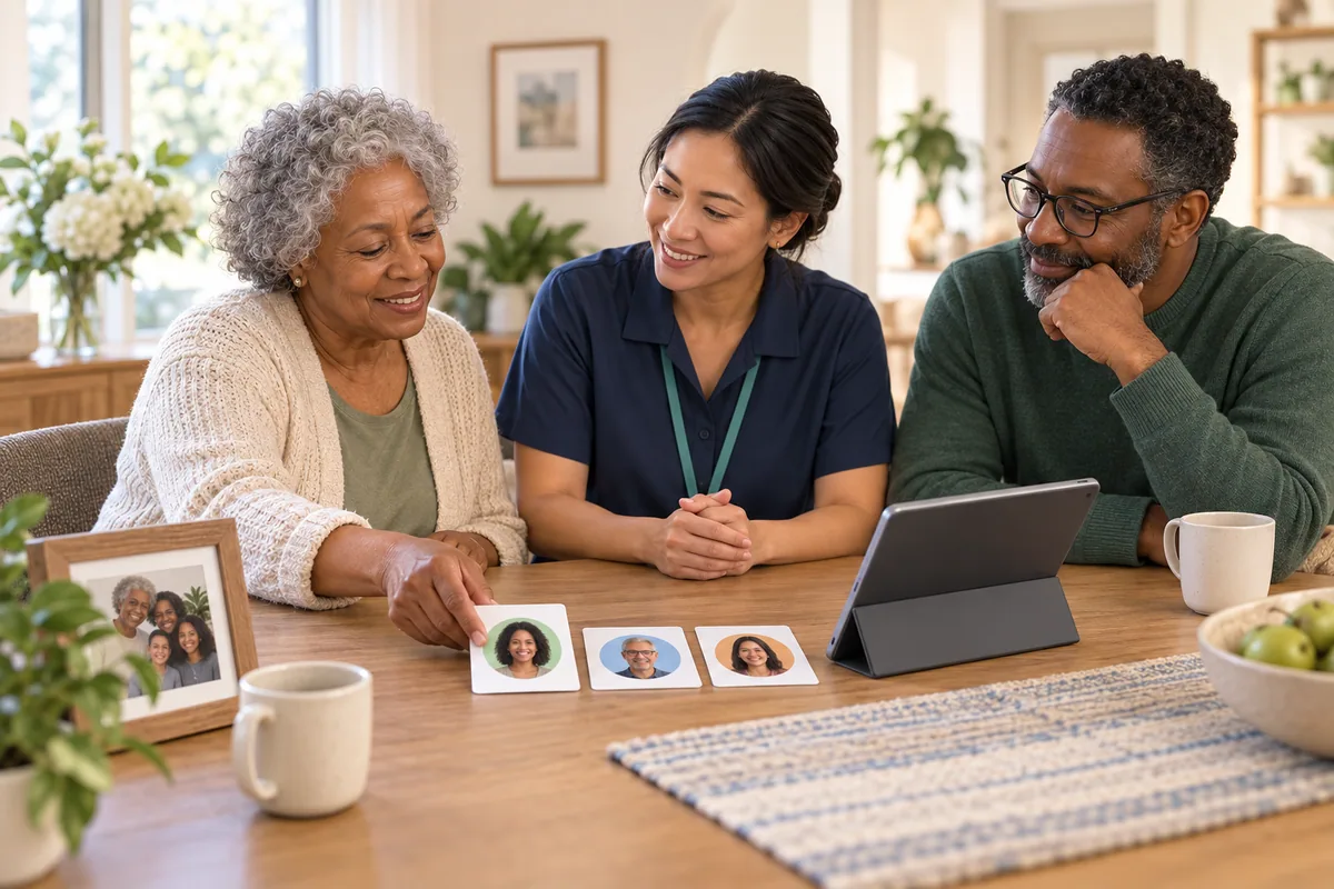 An older woman points to a helper’s portrait card while discussing support roles with two people at her dining table.