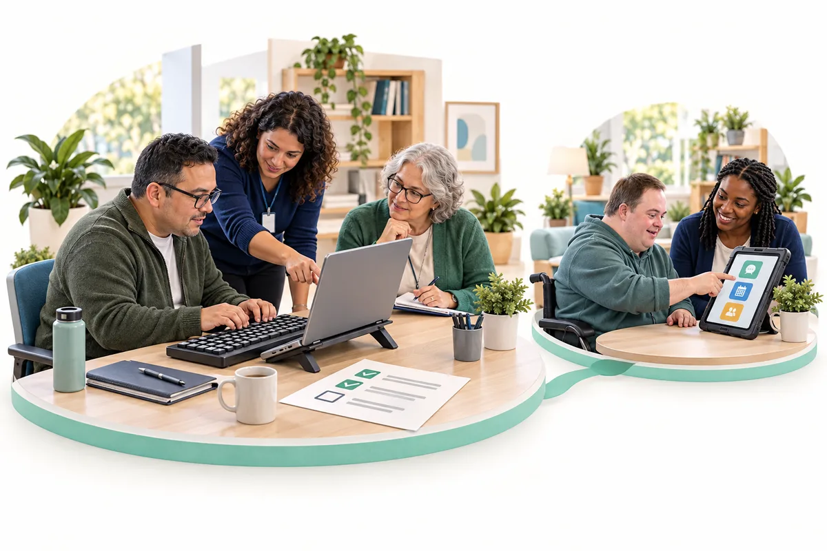 Three colleagues use a laptop and separate keyboard. A smaller connected scene shows a person using a tablet on a stand with another person beside them.
