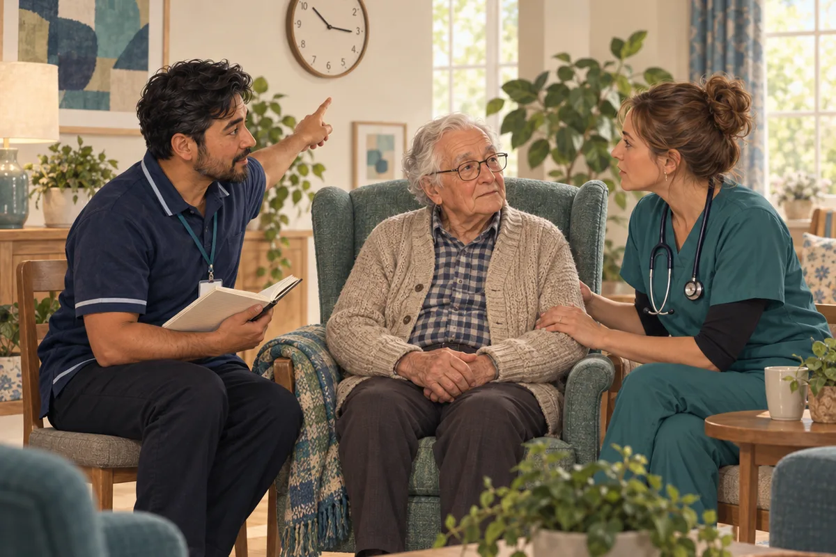 A care worker points toward a wall clock while speaking with a nurse beside an older adult seated in an armchair.