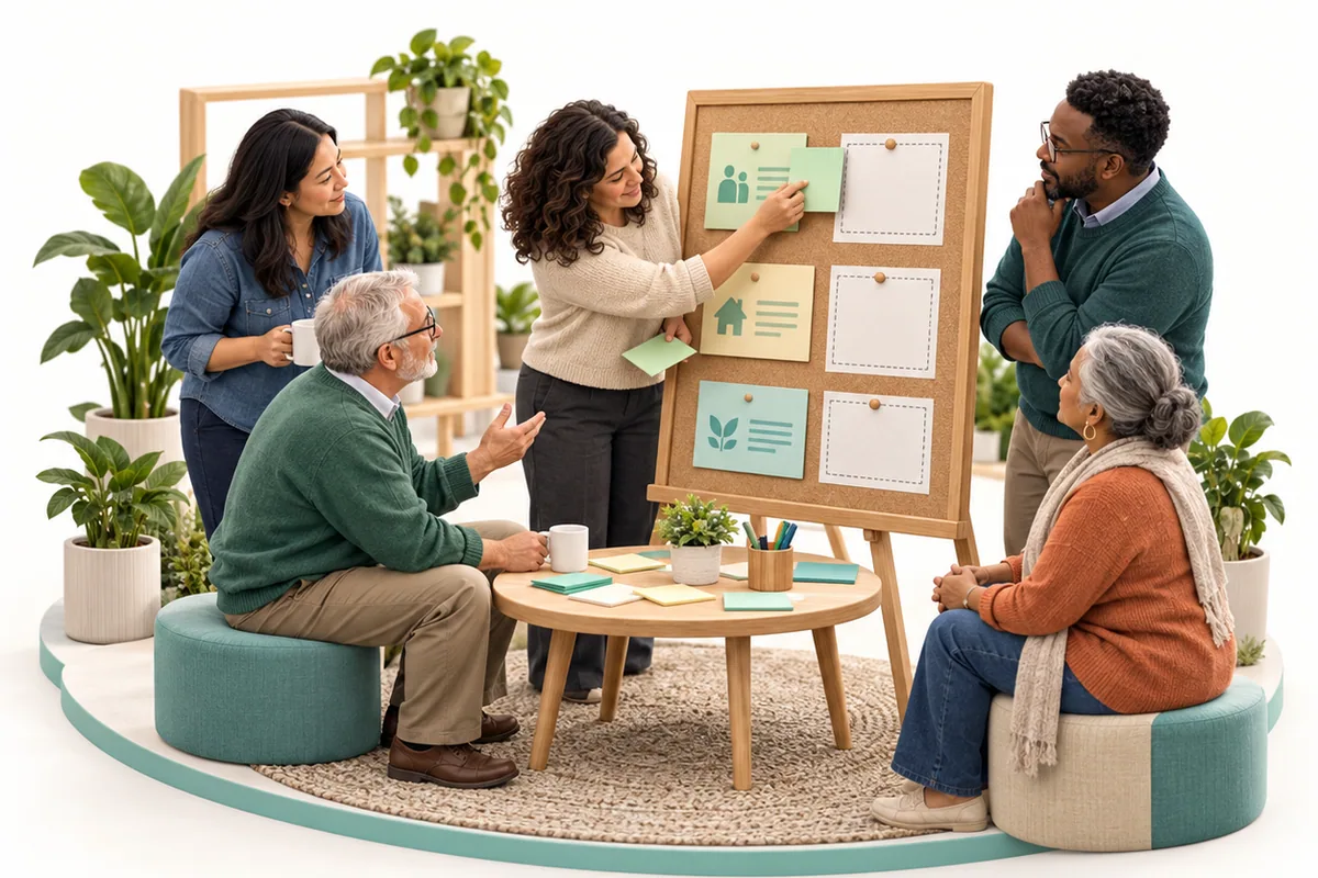 Five adults gather around a freestanding board with cards, as a woman points to a card near the top.