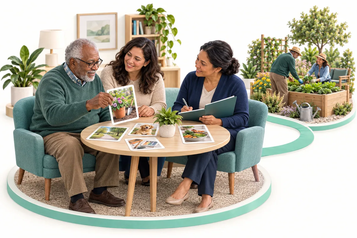 An older participant chooses a gardening activity picture with a family supporter and care navigator; a small community garden scene shows the connection.