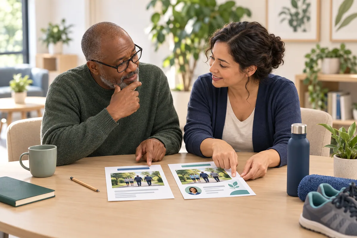 A participant and staff colleague compare two versions of an activity invitation, including a visible contact area.