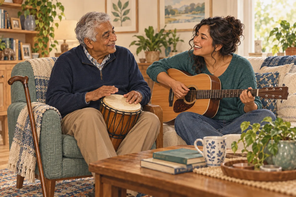 An illustrated older man and his adult daughter enjoy playing a hand drum and acoustic guitar together.