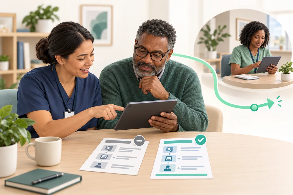A trainer and participant try a tablet beside two instruction cards; a smaller scene shows a colleague practicing the revised step.