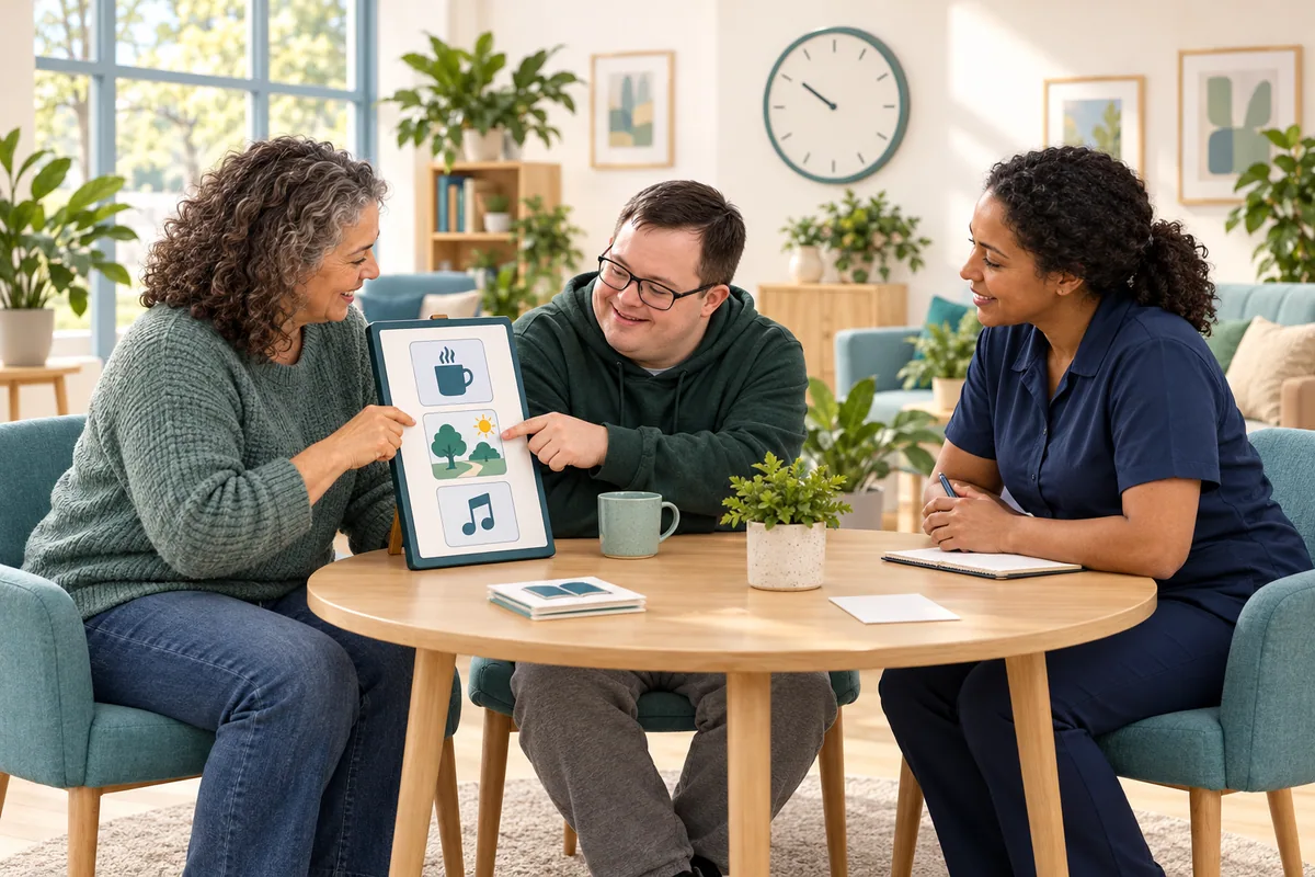 A participant points to an activity on a picture-based routine board while a family supporter and care professional practise and discuss it together.