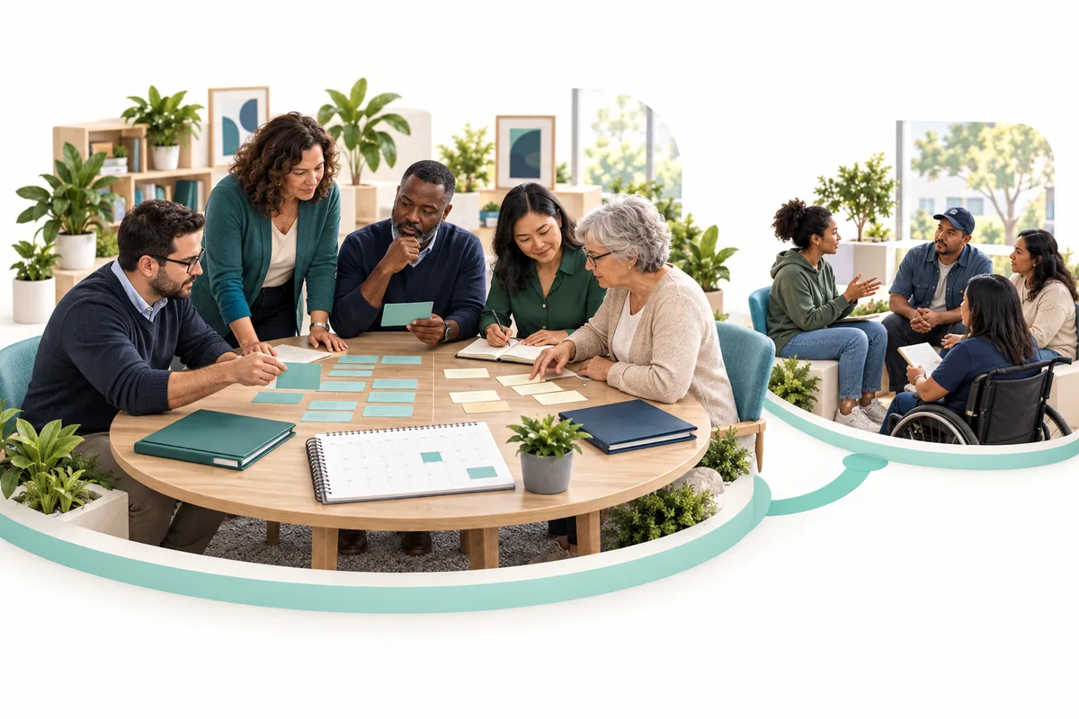 Five colleagues review a grid of cards and printed charts around a table. A smaller connected scene shows three people discussing the review together.