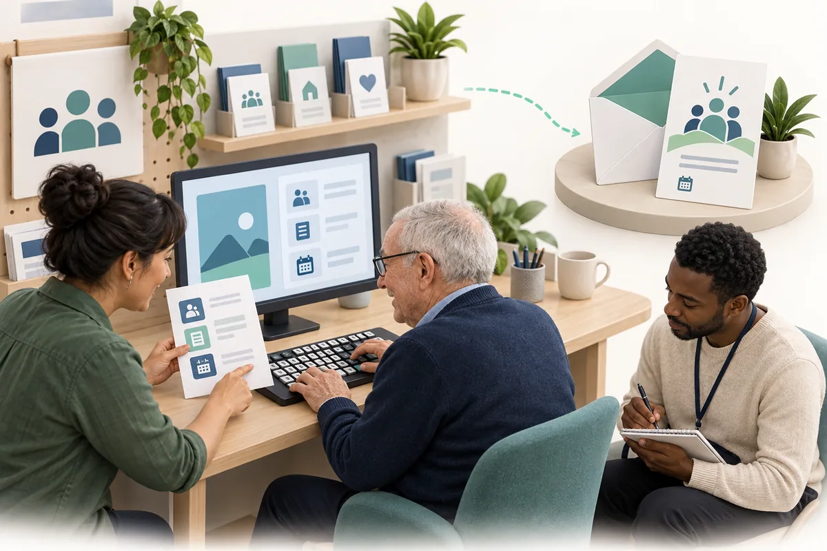An older adult tries a large-key keyboard while another adult points to a printed option and a colleague records observations; an invitation appears in a smaller scene.