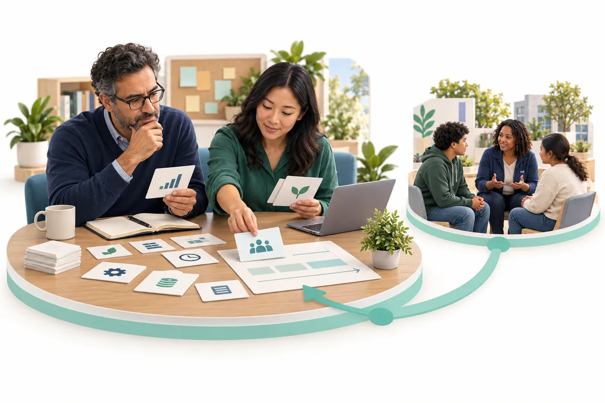 Two colleagues compare chart cards and papers beside a laptop. A smaller connected scene shows three people in conversation.