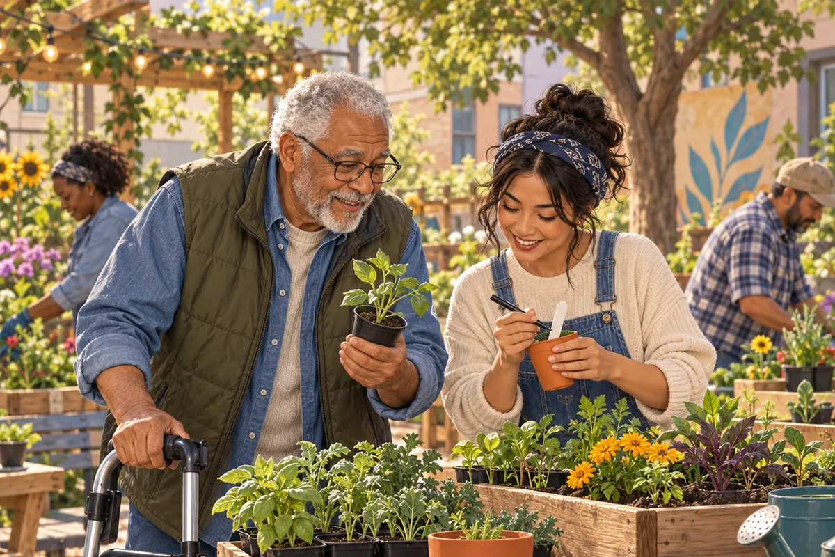 Illustration of two adults comparing seedlings at a community gardening table.