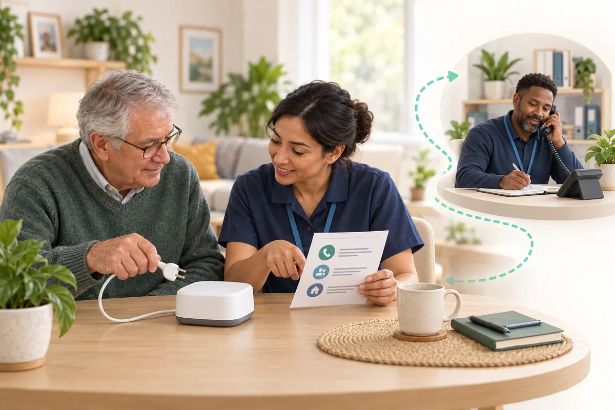 A participant holds the unplugged cable of a demonstration hub while a colleague points to a contact plan; a smaller scene shows another colleague using a telephone.