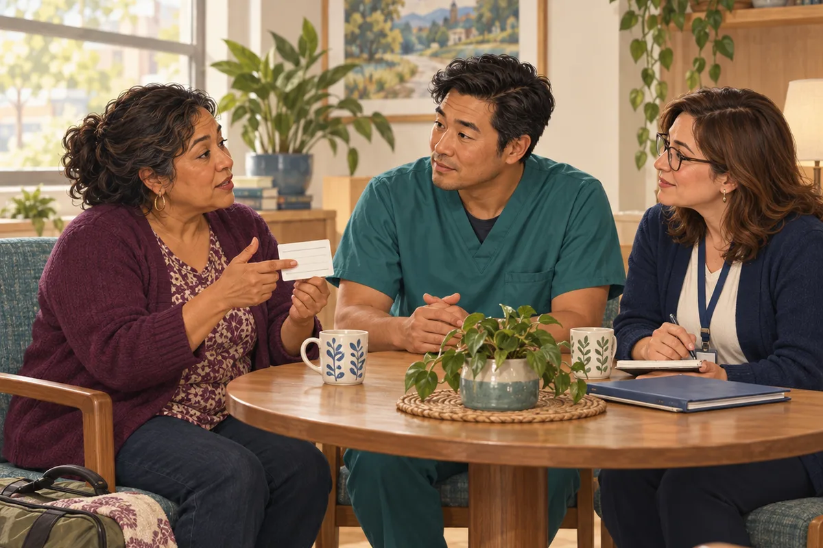 An adult gestures with a small card while a nurse and a colleague with a notebook listen at the table.