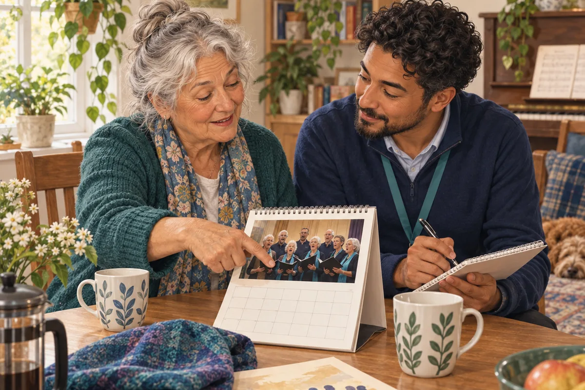An older adult points to a choir photograph on a desk calendar while a care worker listens with a notebook.