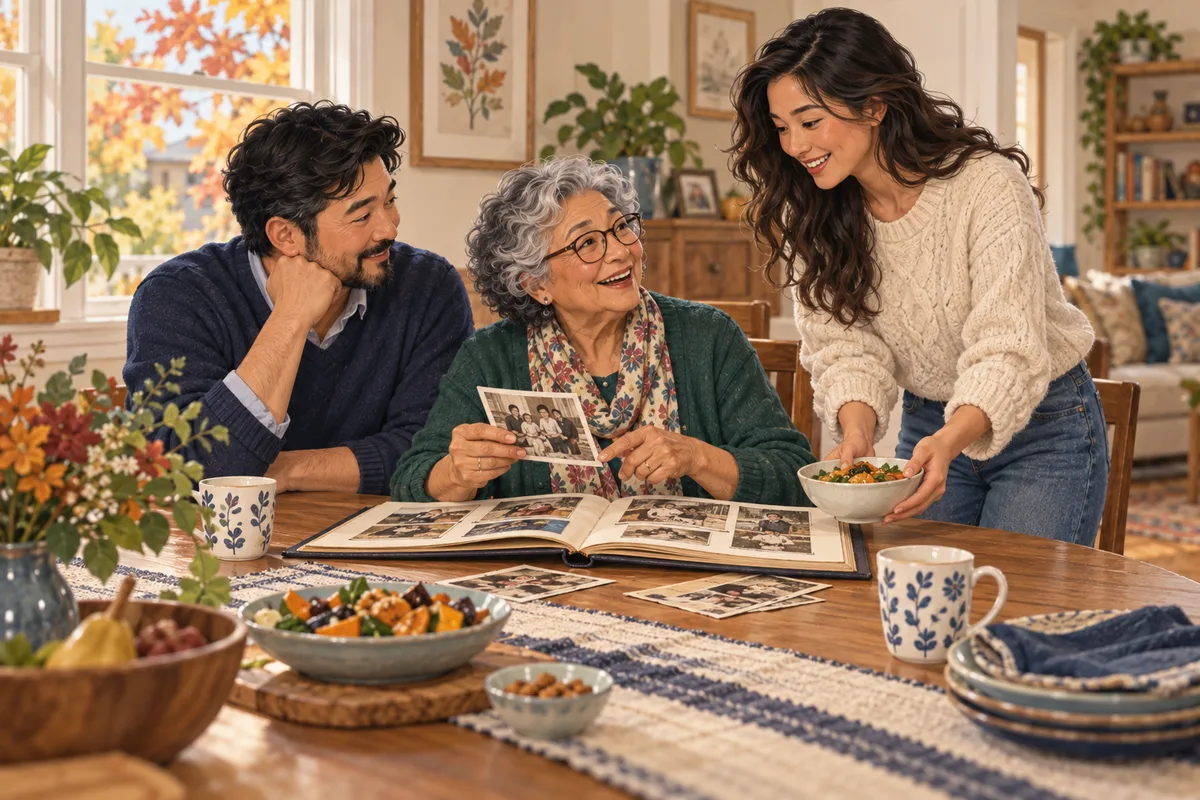 An illustrated older woman and two adult relatives share a photograph album and food at a small autumn gathering.