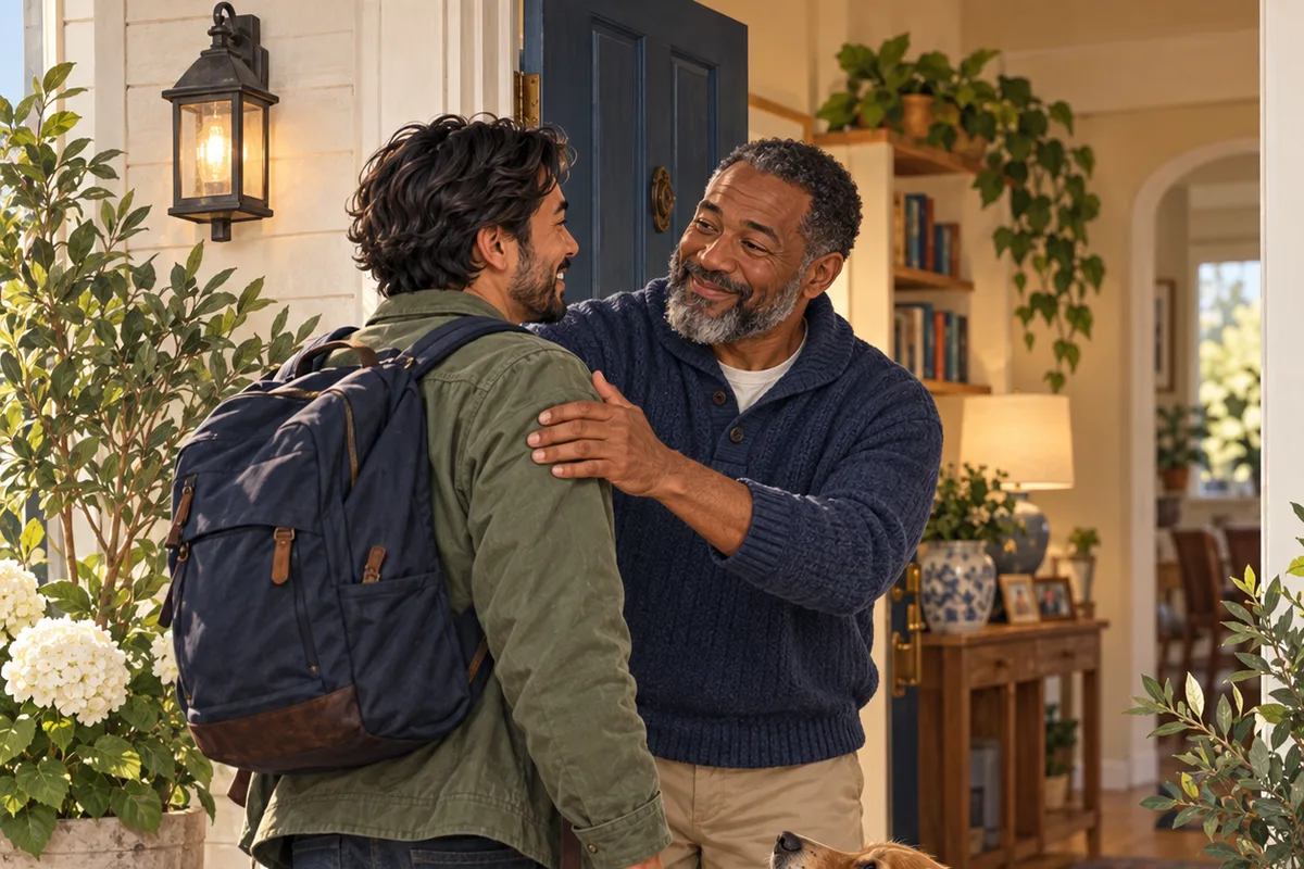 Illustration of a man warmly greeting a visitor carrying a backpack at an open doorway.