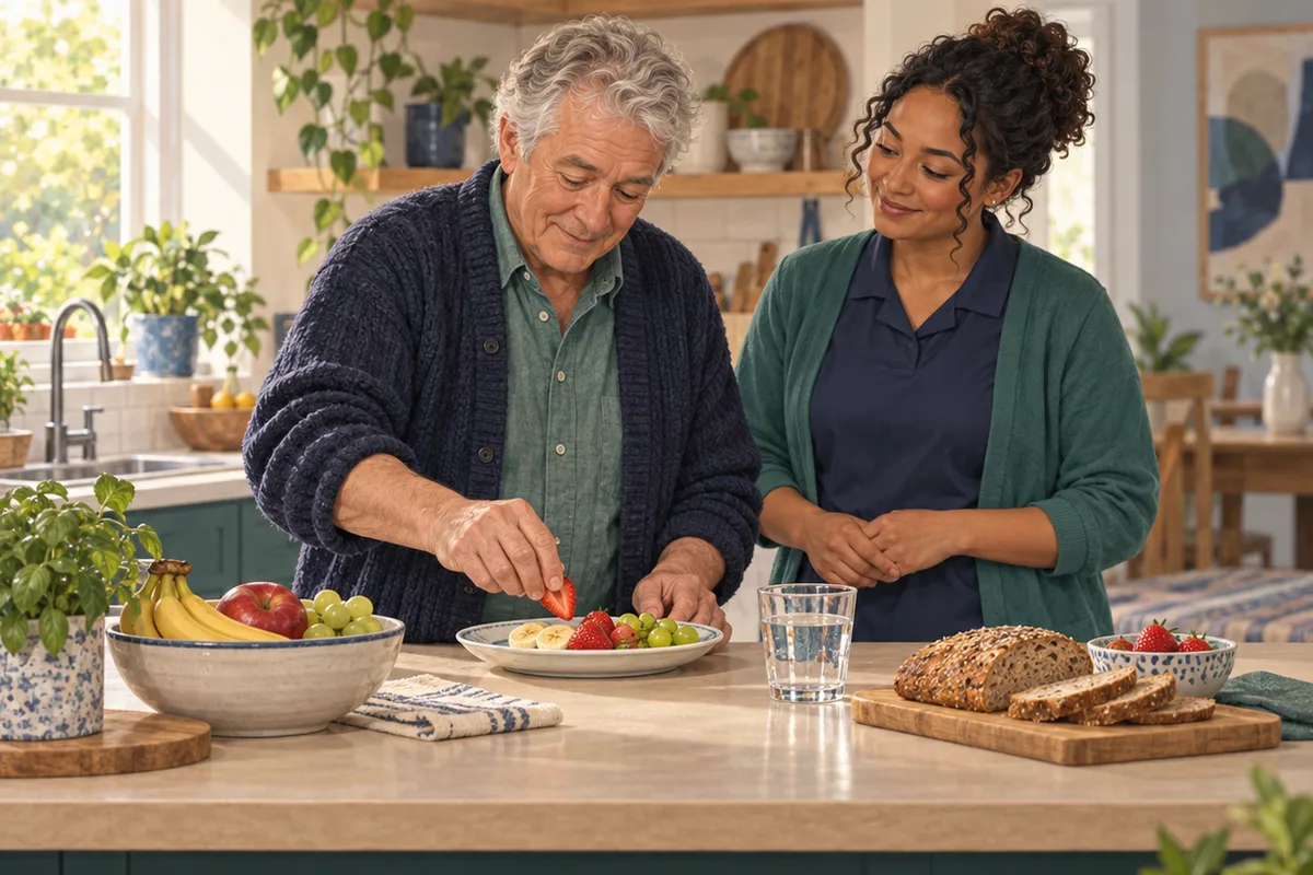 A person preparing their own cold snack at a home kitchen counter while a care worker stays nearby and waits attentively.