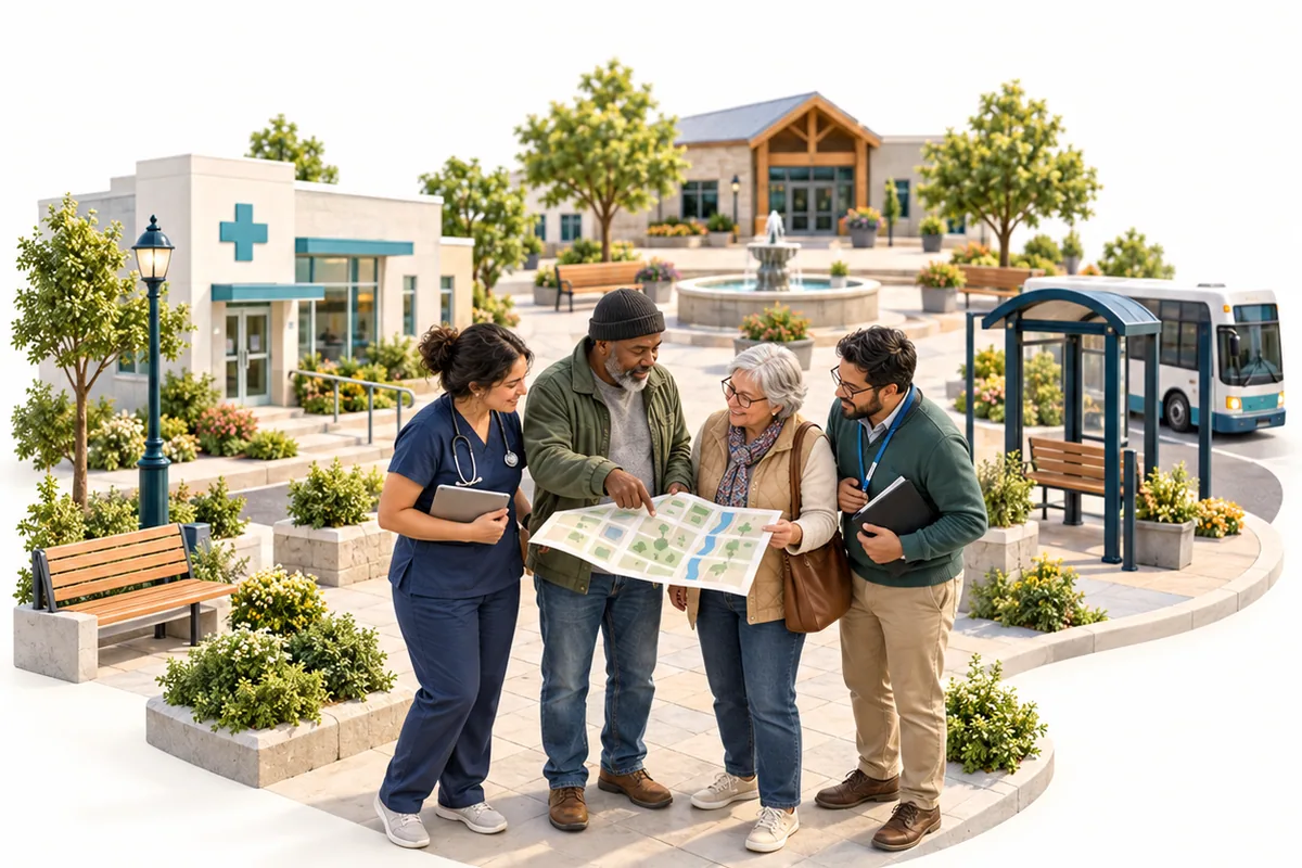 Four adults hold and examine an unfolded map near a clinic and bus shelter.