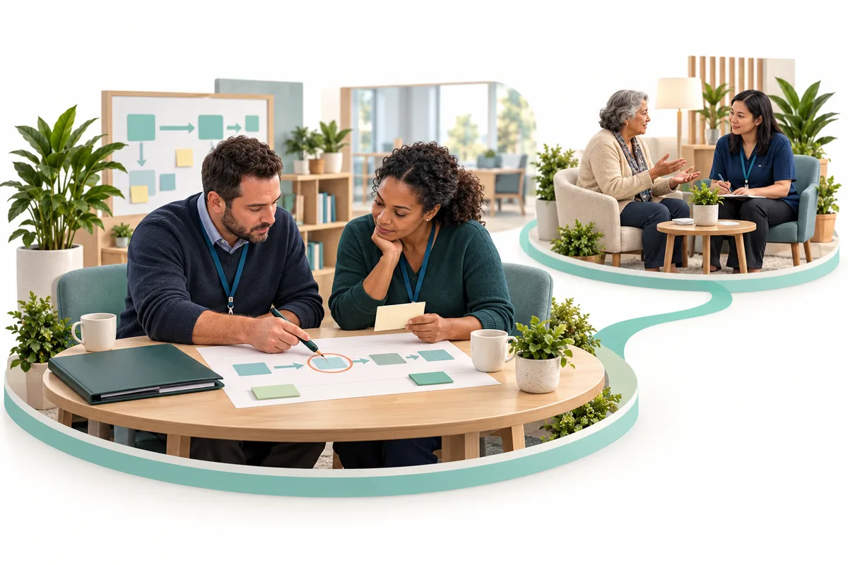 Two colleagues review a process sketch with papers and a pen around a small table. A smaller connected scene shows two people talking in armchairs.