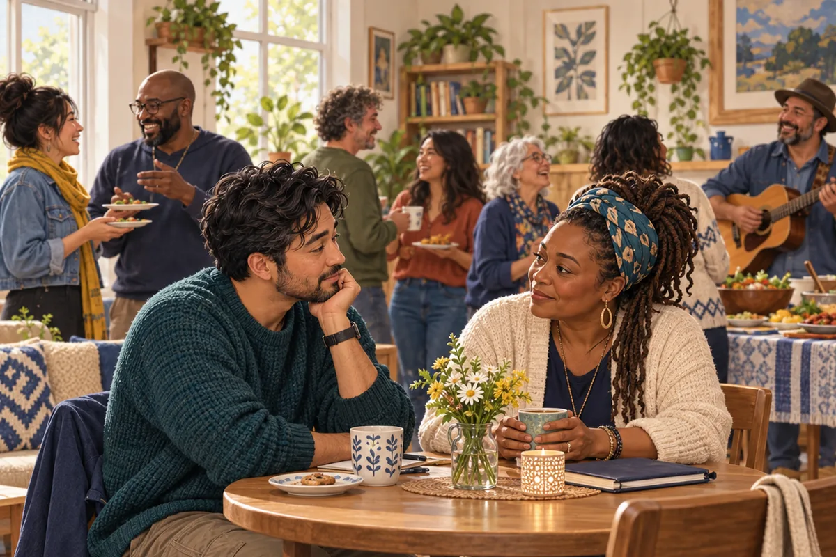 Illustration of two adults talking quietly at a small table beside a lively community gathering.