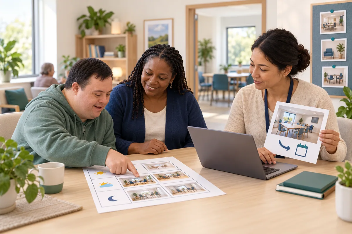 A participant points to a room and time on a picture grid while two colleagues review a proposed change beside a laptop.
