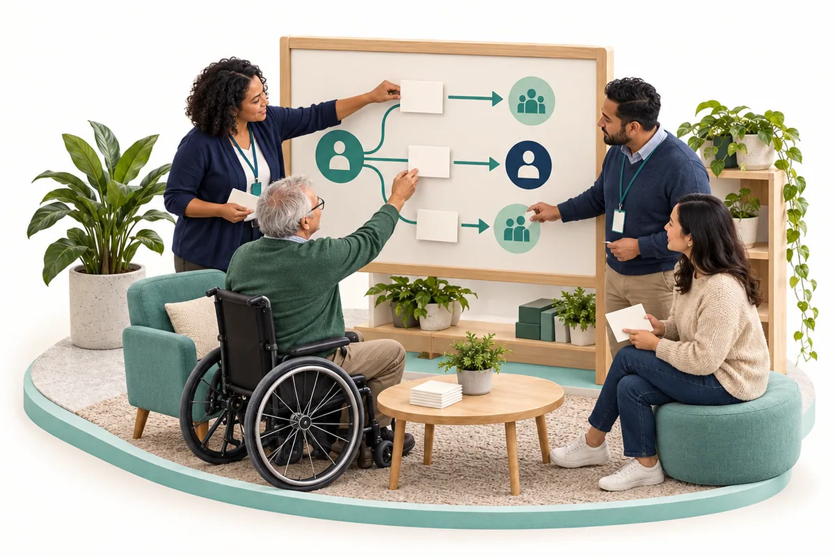 Four adults, including a wheelchair user, face a board of person and group symbols connected by arrows.