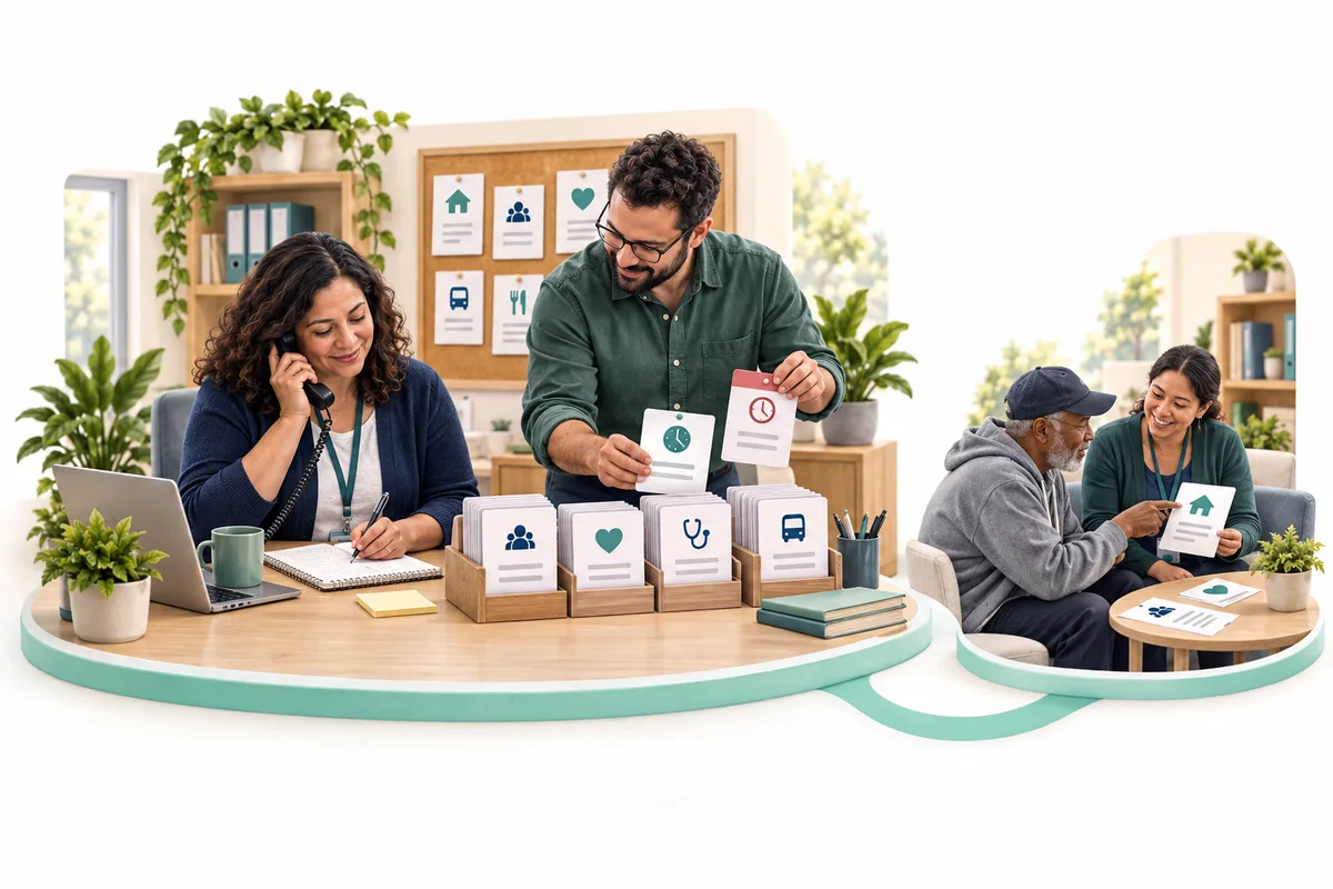 One colleague speaks on the phone while another checks illustrated resource cards at a desk. A smaller connected scene shows a colleague reviewing a card with an older adult.