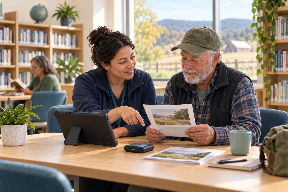An outreach worker and an older man discuss a printed invitation at a rural library table with a tablet and portable internet device nearby.