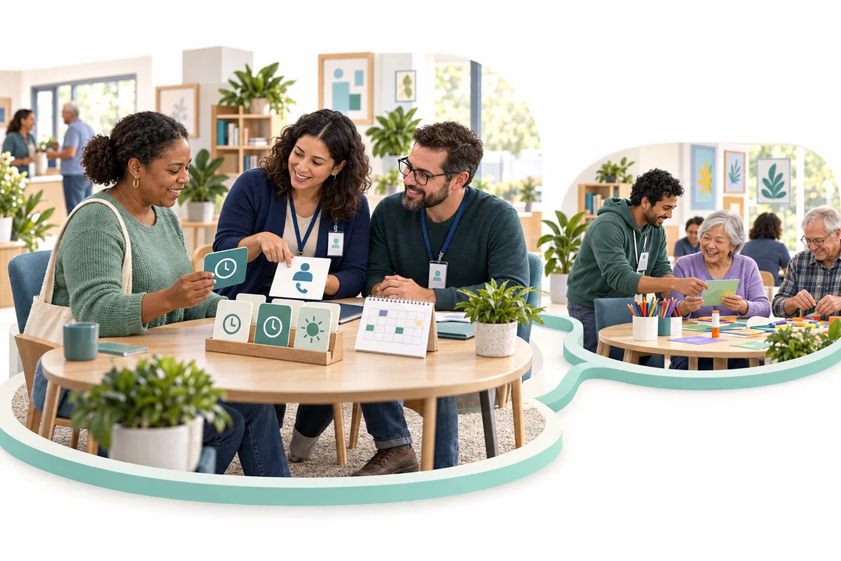 Three colleagues discuss cards showing activities and time around a table. A smaller connected scene shows one colleague joining older adults at an activity table.