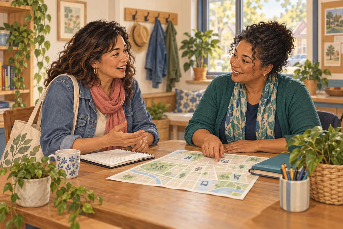 An illustrated family caregiver talks through support options with a community worker at a neighborhood center.