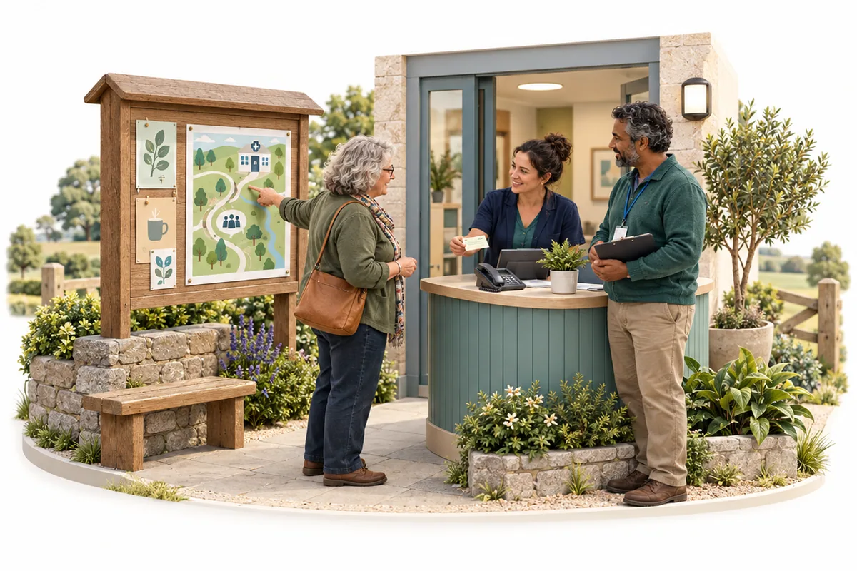 A resident points to a map on a rural noticeboard while a receptionist offers a contact card and a colleague listens.
