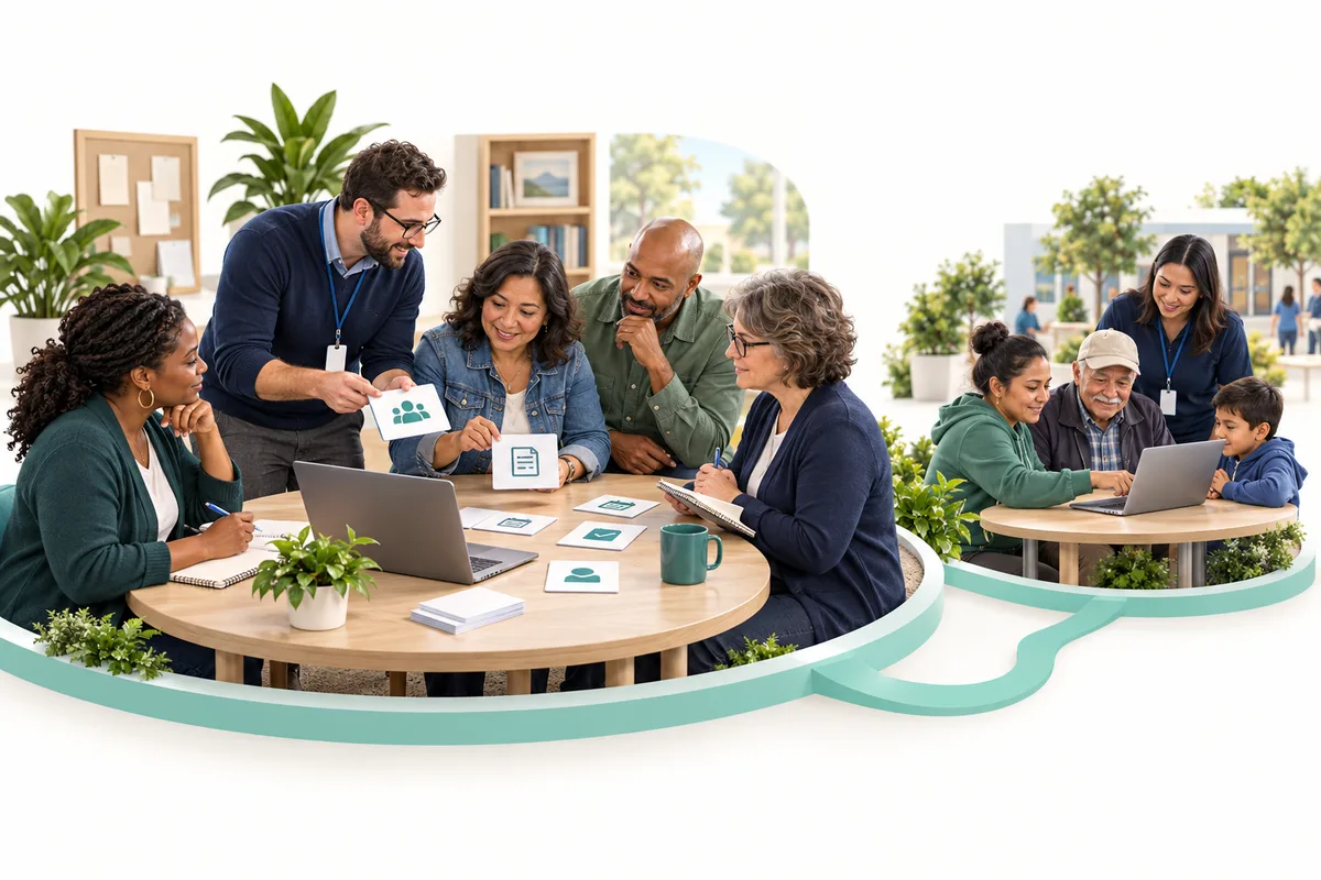 Five colleagues compare a laptop, tablet, and illustrated task cards around a table. A smaller connected scene shows people using a laptop with a staff member.
