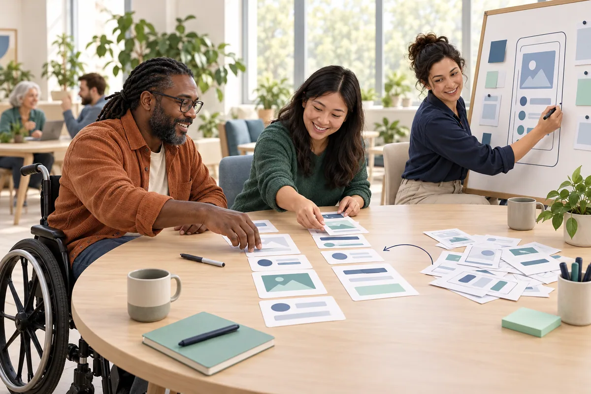 Two participants arrange paper interface pieces at an accessible table while a designer revises a screen sketch on a board.
