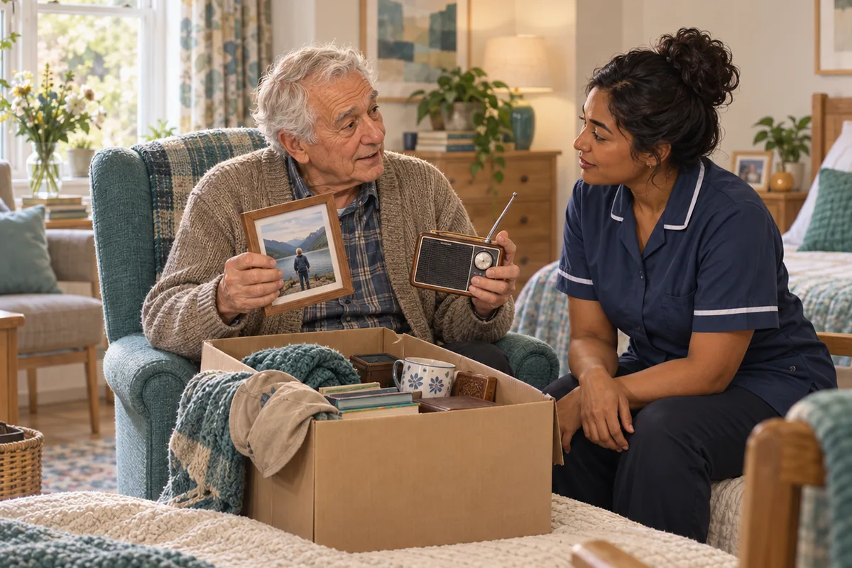 An older adult holds up a photograph and small radio while a staff member listens beside an open box of belongings.