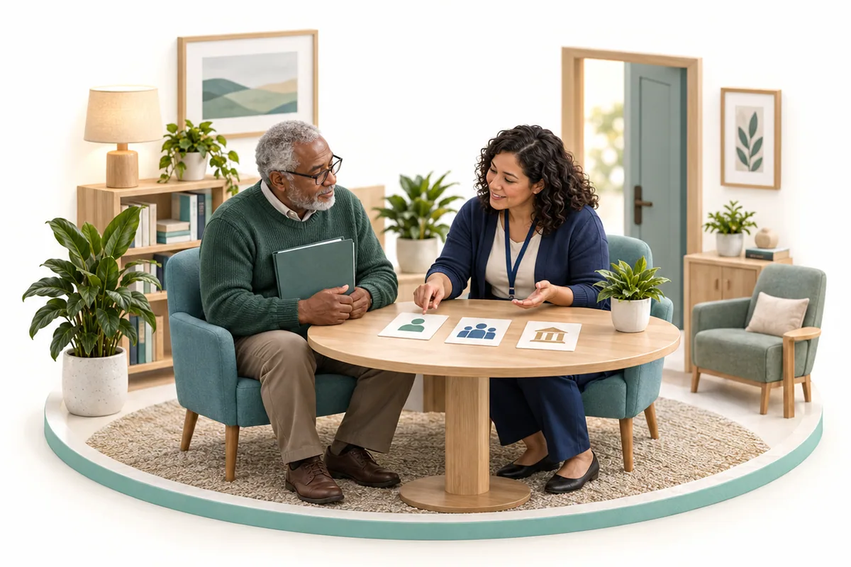 An adult holds a closed folder while a colleague explains picture cards showing possible information recipients at a private table.