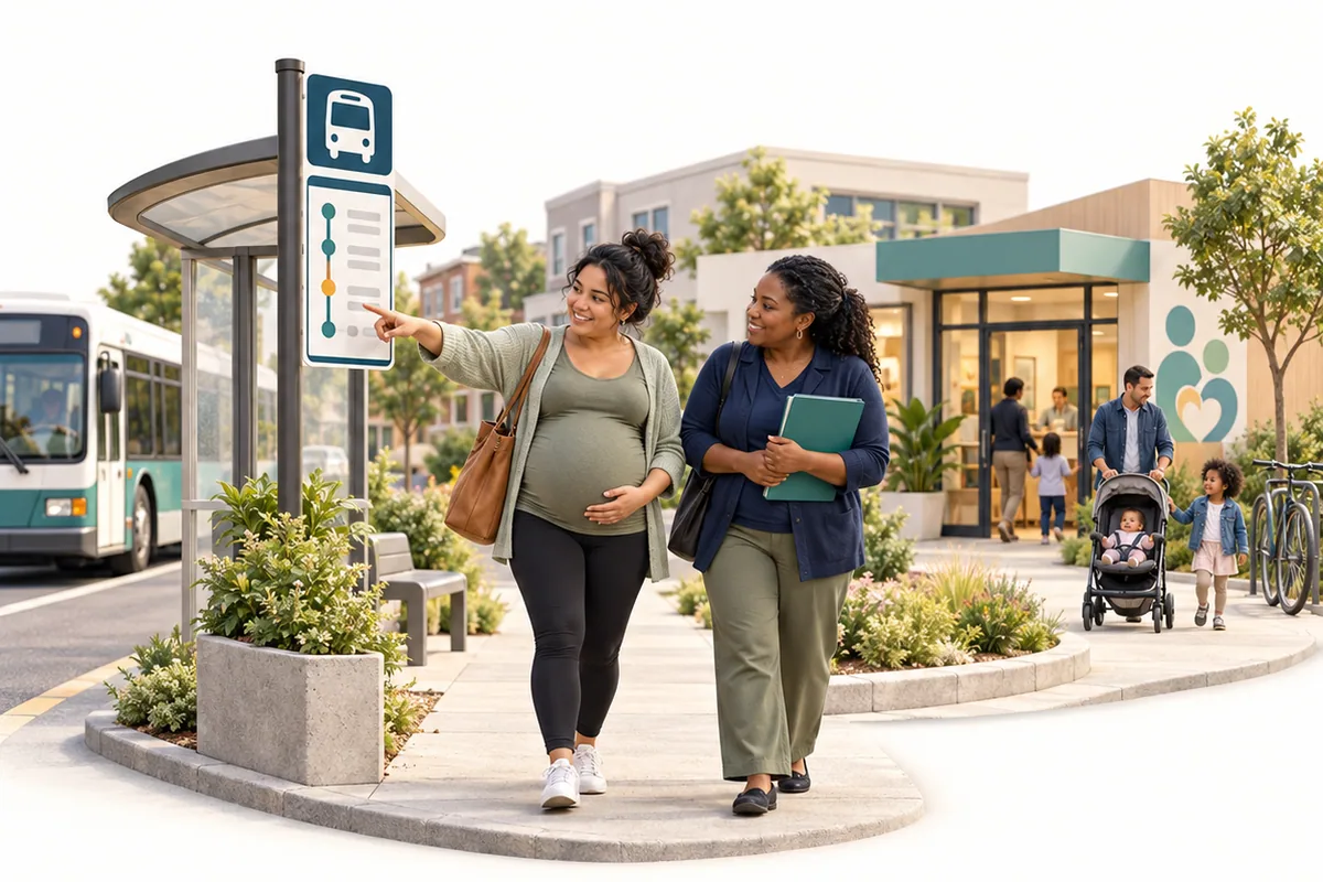 A pregnant woman points to a bus-stop sign beside a woman holding a folder, outside a community building.
