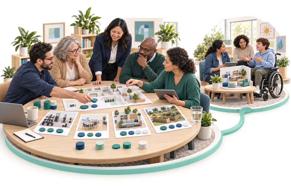 Five people compare illustrated activity cards and colored tokens around a table. A smaller connected scene shows people discussing activity options beside a wheelchair user.