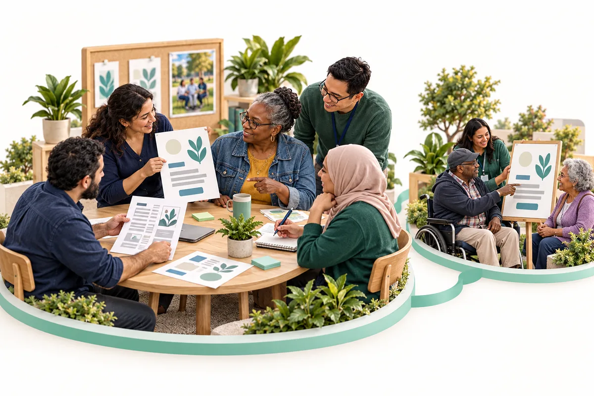 A group reviews illustrated invitations around a table, with one person holding up a page. A smaller connected scene shows a staff member reviewing a printed invitation with two older adults.
