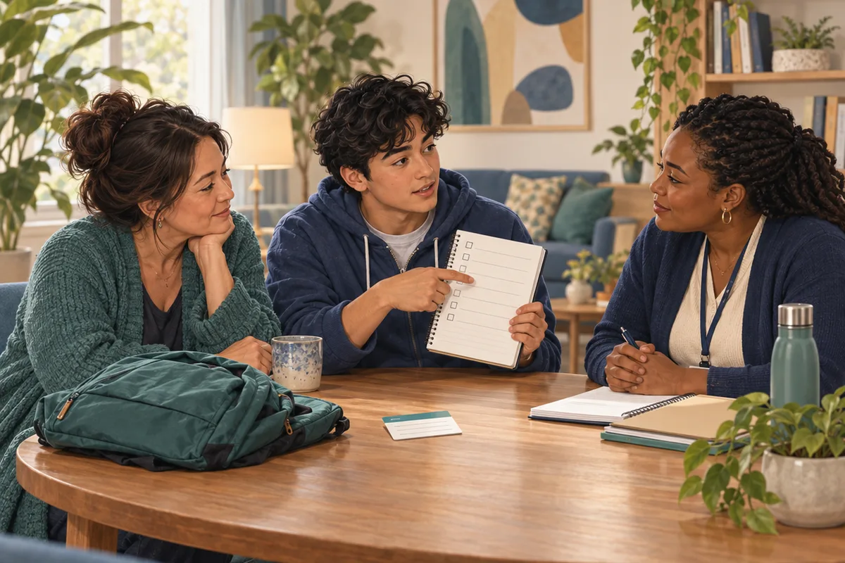 A young adult points to their notebook while speaking with a coordinator and an accompanying adult.