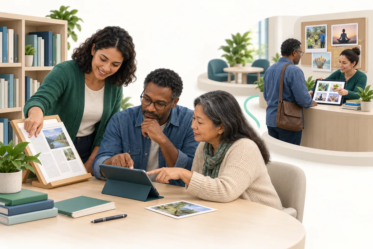 Three adults compare a printed source on a reading stand with a tablet at a resource shelf; a smaller scene shows a participant choosing an activity at a welcome desk.