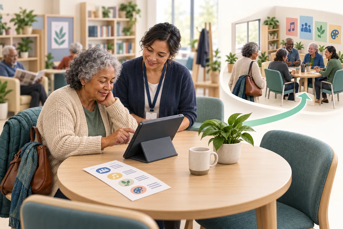 A participant uses a shared tablet with a staff member beside her and a printed activity sheet nearby; a smaller scene shows her joining a group.