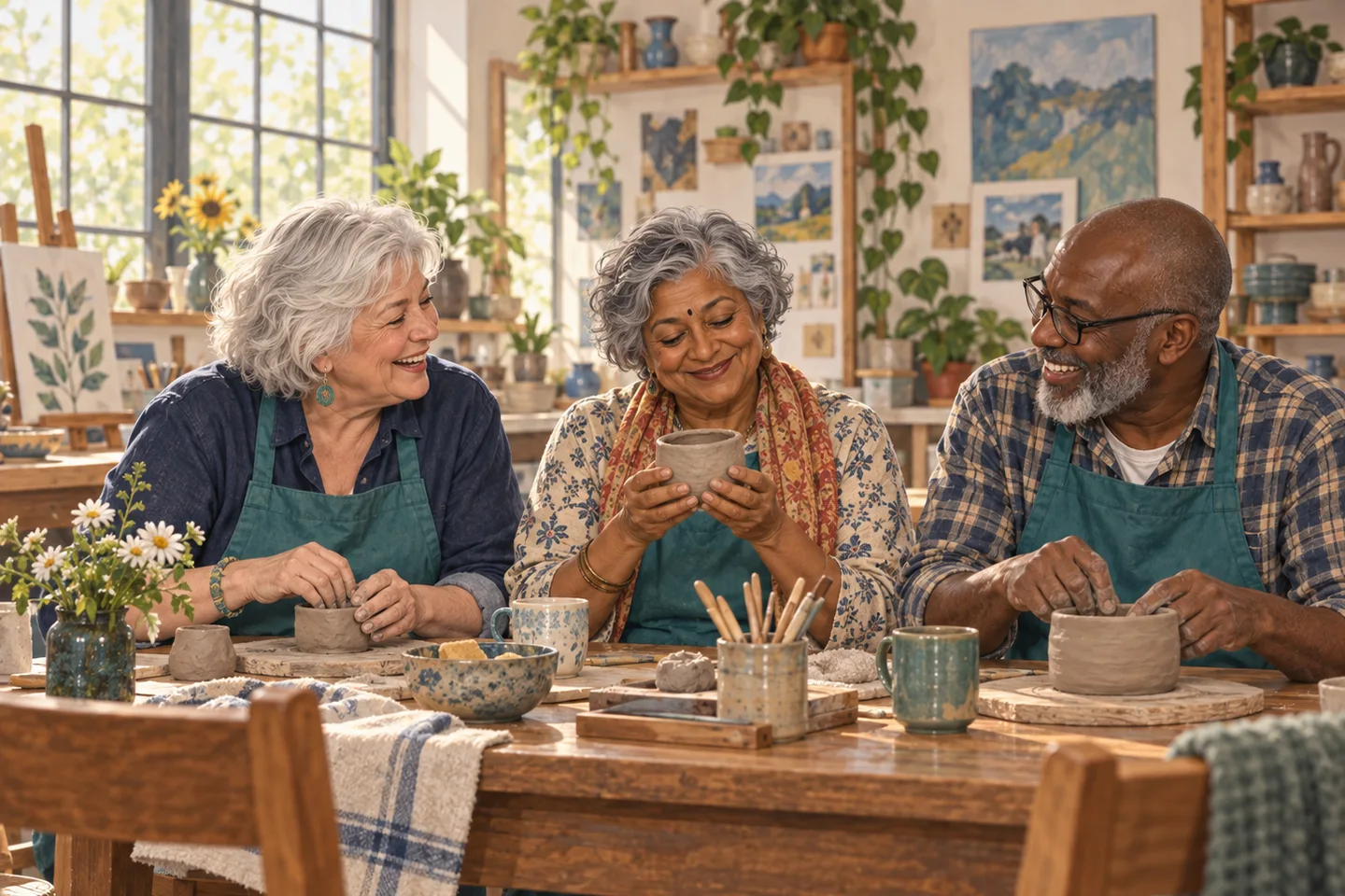 Illustration of three older adults smiling together as they shape small clay pots at a community workshop table.