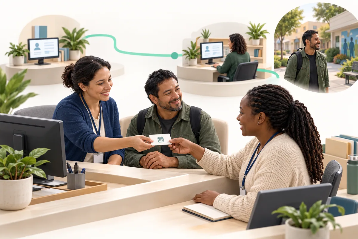 Two coordinators exchange an appointment card while a participant joins the conversation; separate workstations appear behind them.