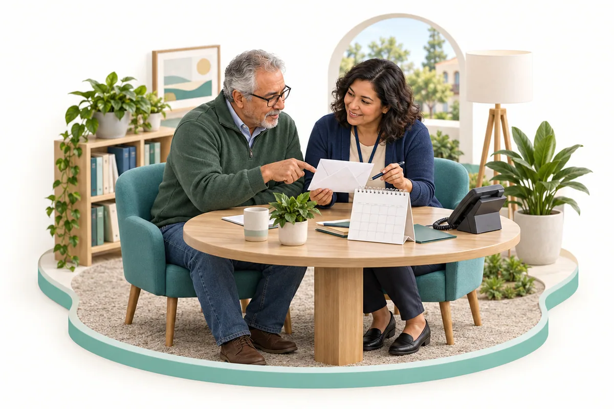 Two adults sit at a round table with a letter, desk calendar, and telephone; one points to the page.